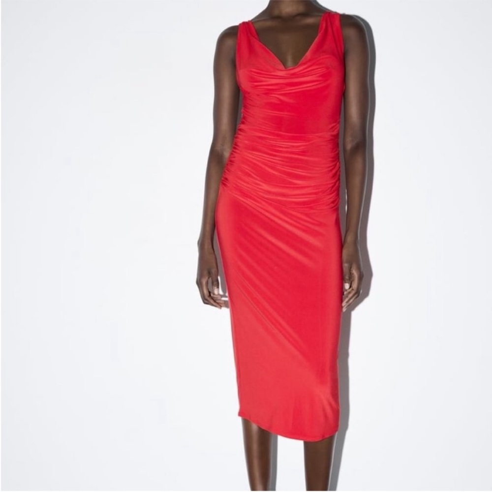 NWT Zara ruched red midi dress